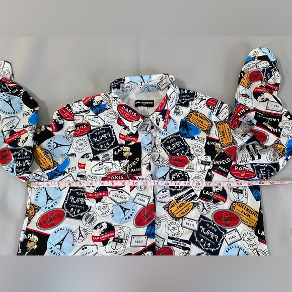 Karl Lagerfeld Paris Chiffon Womens Sz Large Blouse Logo Graffiti‎ Bright Colors - Picture 4 of 10